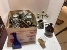 large brass and metal lot. kitchenware cooking ware candleholders vases
