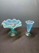 Fenton blue opalescent compote dish and a vase