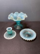 Fenton blue opalescent ruffled edge bowl, candlestick, and dish