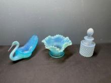 Fenton blue Swan, ruffle edge bowl and hob nail perfume bottle