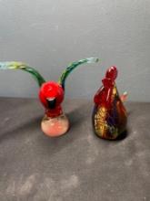 Art glass parrot and rooster