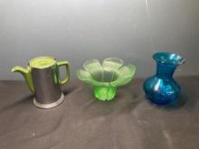 Manning Bowman coffee server, Viking glass petal vase, blue glass vase