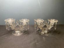 Pair of Cambridge glass double candleholders with prisms