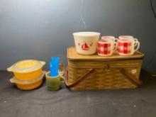 2 Pyrex sunflower lids yellow casserole dishes, Federal Glass sailboat set, picnic basket
