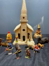 vintage folk art wood/paper church and misc figurines