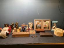 Head vase, glove box, vintage pictures, holly Hobbie figurine, more