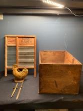 2 washboards, brass letter openers, red diamond crate