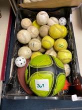 multitude of softballs, football, soccer ball, wiffle balls, baseball mit and bases