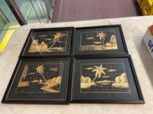 4 Asian straw art pictures, palm trees and water