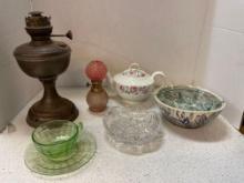 Oil lamps, teapot pottery, crystal glass