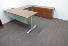 OFFICE COMBO W/ADJUSTABLE HEIGHT DESK, KEYBOARD TABLE, MATCHING CREDENZA, BOOKSHELF