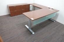 OFFICE COMBO W/ADJUSTABLE HEIGHT DESK, KEYBOARD TABLE, CREDENZA & DRY ERASE BOARD