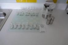 GLASS CHESS SET, SALT PEPPER SHAKERS & WASTE BASKET X1