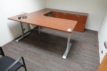 ADJUSTABLE HEIGHT DESK W/CREDENZA, CHAIRS, HALL TREE & DRY ERASE BOARD