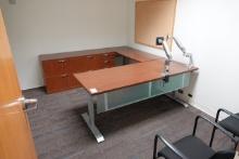 OFFICE CONTENTS, ADJUSTABLE HEIGHT DESK, CREDENZA, CHAIRS & DRY ERASE BOARD X1