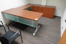 OFFICE CONTENTS, ADJUSTABLE HEIGHT DESK, CREDENZA, CHAIRS & DRY ERASE BOARD X1