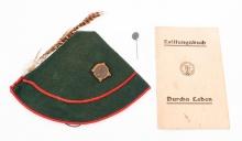 WWII GERMAN RJA PERFORMANCE BOOK, PIN & HUNT CAP