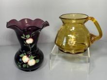 Hand Painted Purple Glass Vase and an Amber Glass Creamer