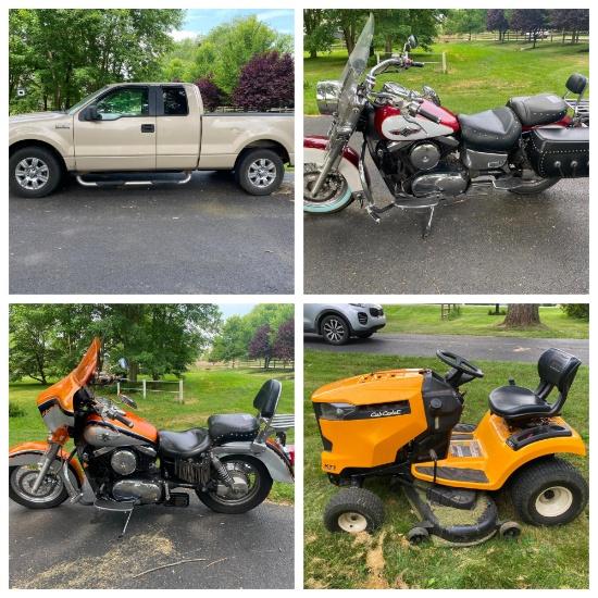 Ford Truck, 2 Motorcycles, Mower, Tools & More