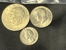 Bicentennial Eisenhower Dollar, Kennedy Half Dollar, Washington Quarter