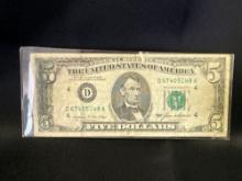 1986 $5 Federal Reserve error note