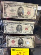 1928 & 1953 $5 Red Seal Notes (3)