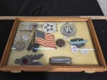Display Case w/ Badges & License Plate Toppers