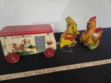 Gong Bell Milk Truck, Cacking Hen and Pull Behind Rabbit Toys