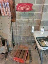 Vintage wire frame Coca-Cola rack with plastic sign top and 2 crates