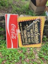 Metal Coca-Cola sign and cardboard School sign
