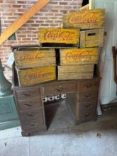 roll top desk, 7 yellow Coca Cola crates condition varies
