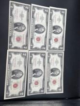 (6) red seal 2$ bills