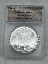 1992 Graded American Silver Eagle .999 Silver MS69