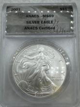 2001 Graded American Silver Eagle .999 Silver MS69
