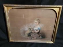 Well made antique small chalk girl with dog artwork, dated 1851