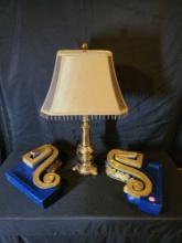 Brass lamp and antique bookends