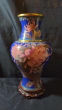 Vintage Cloisonne Oriental Vase on wood stand