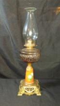Antique Reverse Painted Glass & Brass Oil Lamp