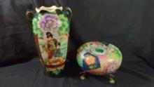 Geisha Patterned Oriental Vase and Tobacco Leaf Pumpkin Vase