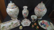 Vintage Lot of Hand Painted Portuguese Ceramic platter vase and urns