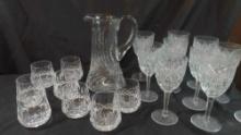 Vintage Glass Pitcher with Crystal tumblers and wine glasses
