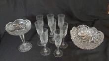 Crystal Compote and Bowl with 8 clear glass Champagne flutes