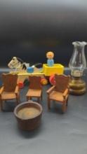 Vintage Wood Dollhouse Chairs, Treenware barrel, Austrian Horse with Cart Oil Lamp