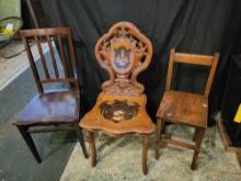 3 Early wood chairs, one muscial with boy and goats