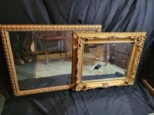 Pair of gold finish mirrors, antique ornate frame and modern mirror in frame