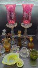 Pair Cranberry Electric Table Lamps Candle Holders Art Glass and more!