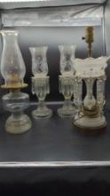 Lot of 4 Antique Electrified Oil Lamps with prisms