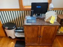 Cabinet & Contents - Computer Monitor, Speakers, Shredder, Trash Can, & Small Office Items