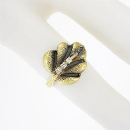 Vintage 14K Yellow Gold Puffed 3D Textured Multi Leaf Ring w/ Single Cut Diamond