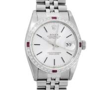 Rolex Mens Stainless Steel Silver Index 18K White Gold Diamond & Ruby Bezel 36MM